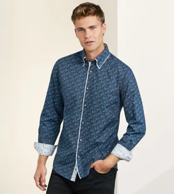 Modern Fit Long Sleeve Double-Collar Geo Print Sport Shirt