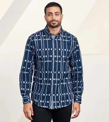 Modern Fit Long Sleeve Double-Collar Geo Pattern Sport Shirt