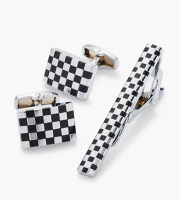 Checkerboard Cufflinks & Tie Bar Set