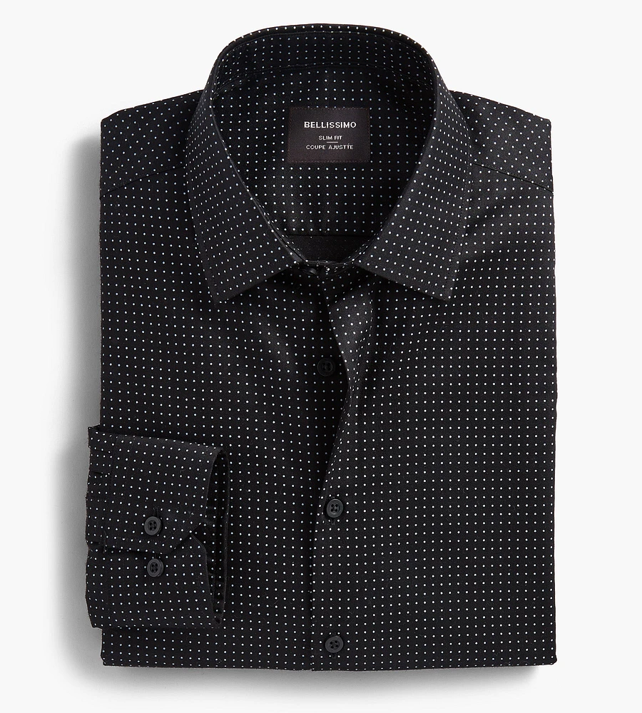 Slim Fit Non-Iron Dot Print Sateen Dress Shirt