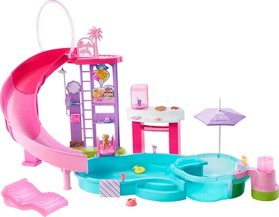 Barbie Dream Pool Playset with Slide & Bubbling Hot Tub, 20+ Accessories Including Pet, Floaties & More