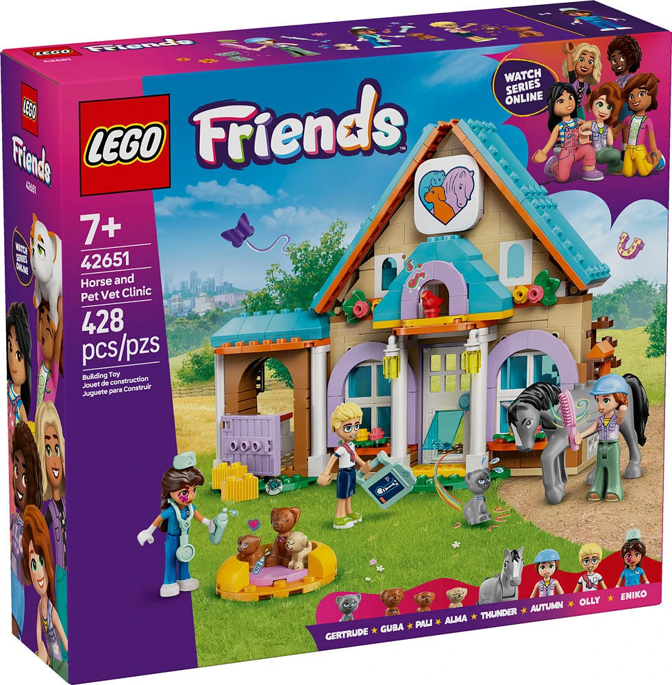 LEGO Friends La clinique vétérinaire pour chevaux et animaux de compagnie, Jouet de simulation avec 3 minipoupées et 5 animaux 42651