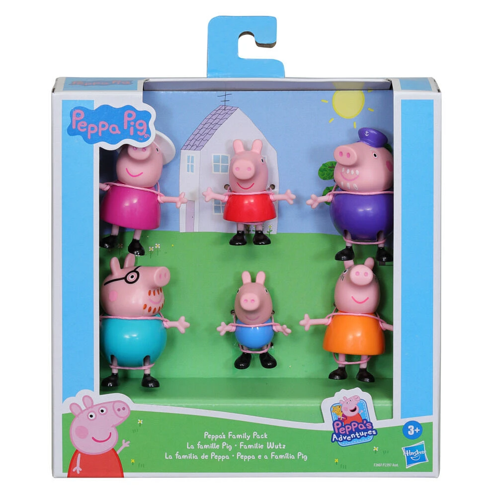 Peppa Pig, Peppa à l'aventure, coffret Peppa et sa famille, 6 figurines de la famille Pig dans leurs tenues emblématiques, dès 3 ans