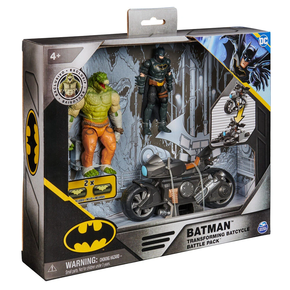 DC Comics, Batman Transforming Batcycle Battle Pack avec figurines articulées Killer Croc et Batman exclusives de 10 cm