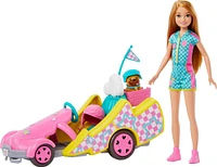 Barbie-Poupée Stacie Karting, avec kart, chien et accessoires