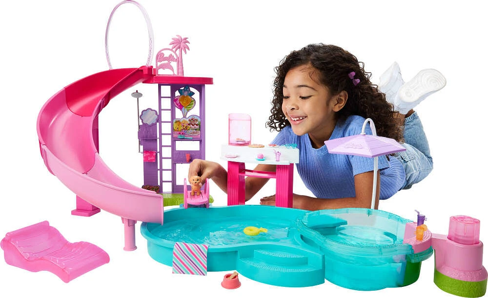 Barbie Dream Pool Playset with Slide & Bubbling Hot Tub, 20+ Accessories Including Pet, Floaties & More