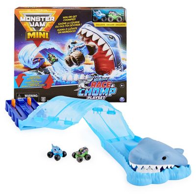 Monster Jam, Mini Megalodon Race and Chomp Playset with 2 Monster Jam Mini Trucks in 1:87 scale
