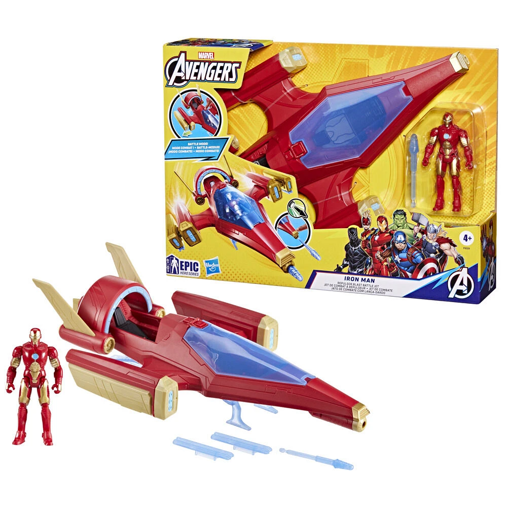 Avengers Epic Hero Series, Jet de combat à répulseur Iron Man, 10 cm, pack de figurine avec équipement