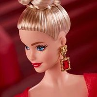 Poupée de collection BarbieSignature pour le 80eanniversaire de Mattel, robe rouge en tulle scintillante, cheveux blonds