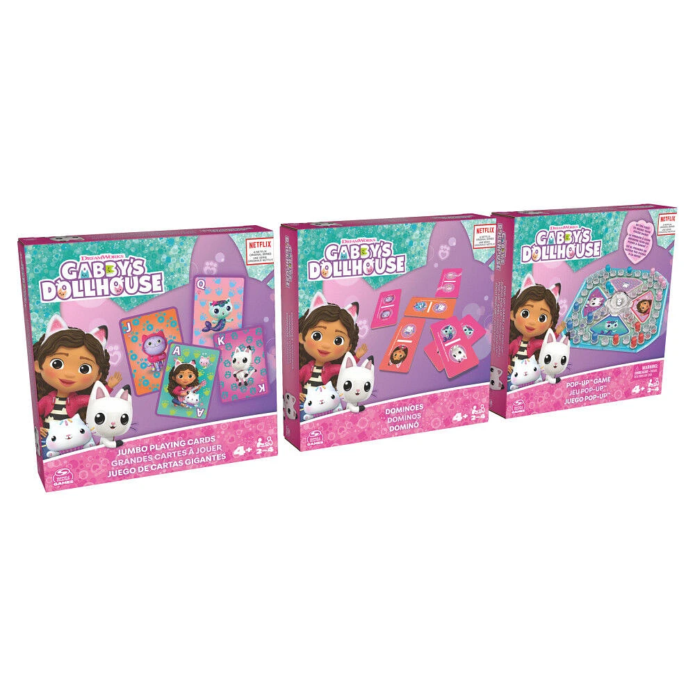 Gabby's Dollhouse, Coffret cadeau de 3 jeux, jeu Pop-Up, dominos, cartes géantes, jouets Gabby et la maison magique