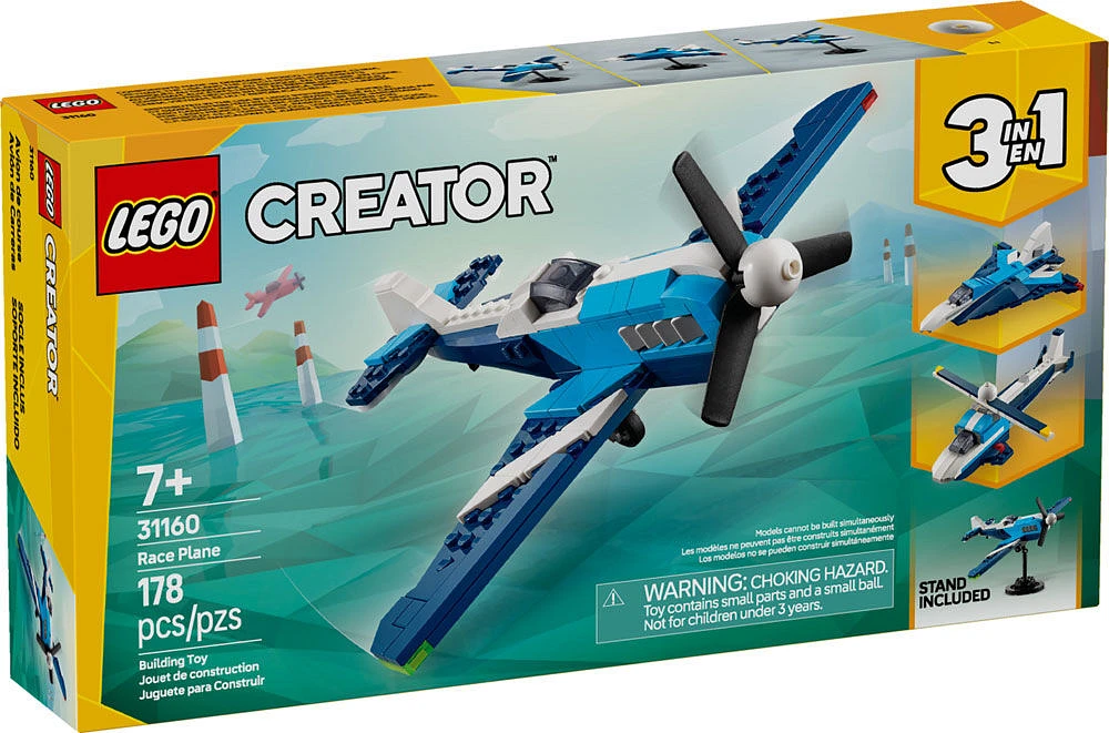 LEGO Creator 3 in 1 Aircraft Race Plane Building Toy - with 3 Building Options, Airplane, Fighter Jet, or Helicopter 31160