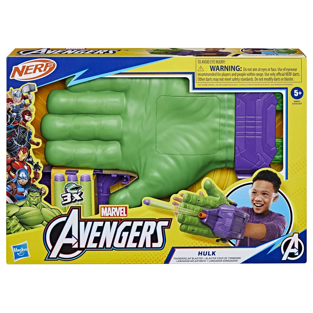 Marvel Avengers Hulk Blaster Coup de tonnerre, blaster de déguisement avec 3 fléchettes NERF