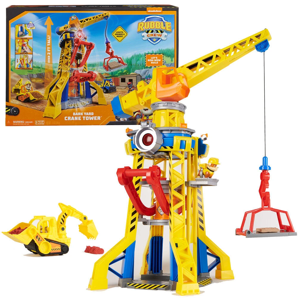 Rubble and Crew, coffret Bark Yard Crane Tower avec figurine articulée Ruben, bulldozer et sable Kinetic Build-It Play Sand