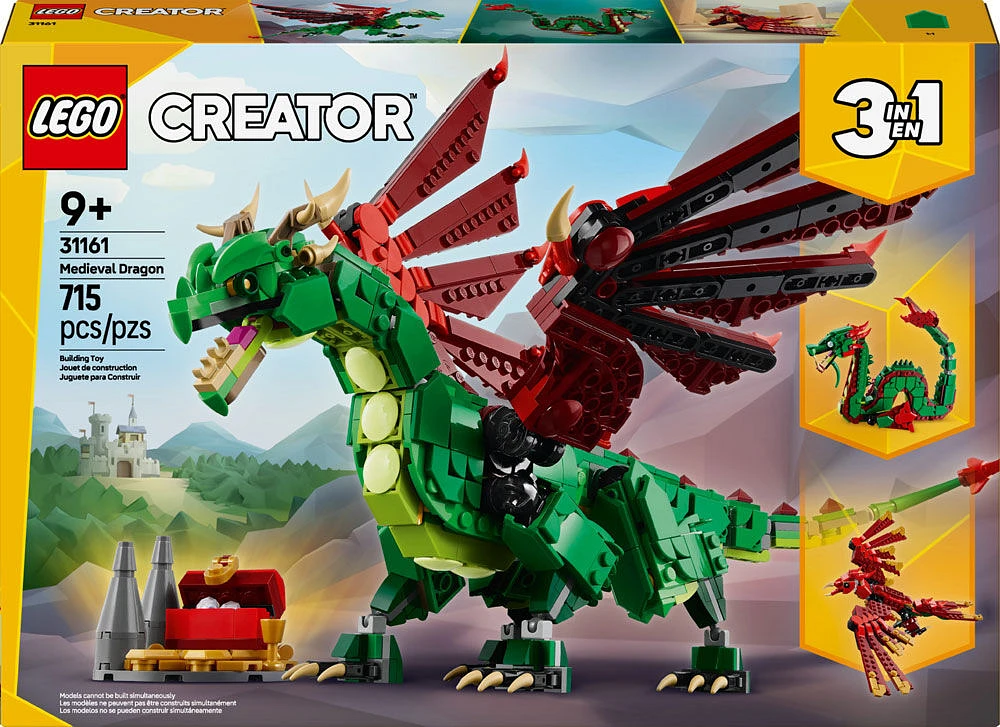 LEGO Creator 3 in 1 Medieval Dragon Toy - Building Toy with 3 Build Options, Dragon, Sea Serpent, or Phoenix - 31161