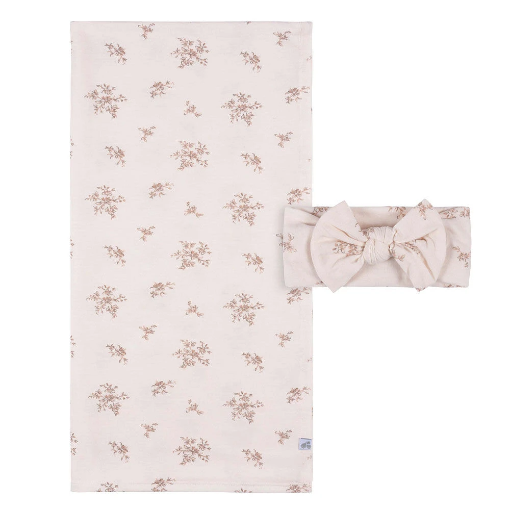 Just Born - 2 piece Swaddle Blanket+Headband Pink Floral