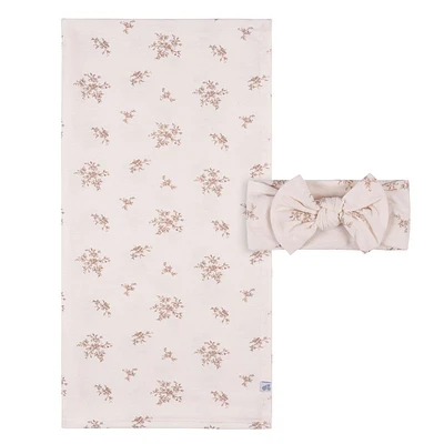 Just Born  - 2 piece Swaddle Blanket+Headband Pink Floral
