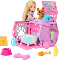 Barbie Chelsea Puppy Carrier Playset, Small Doll and Dog Carrier with Puppy Accessories