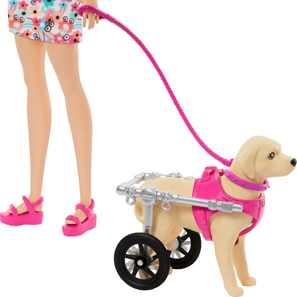 Barbie  Poupée, chiot et chien dans un fauteuil roulant, accessoire