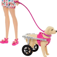 Barbie  Poupée, chiot et chien dans un fauteuil roulant, accessoire