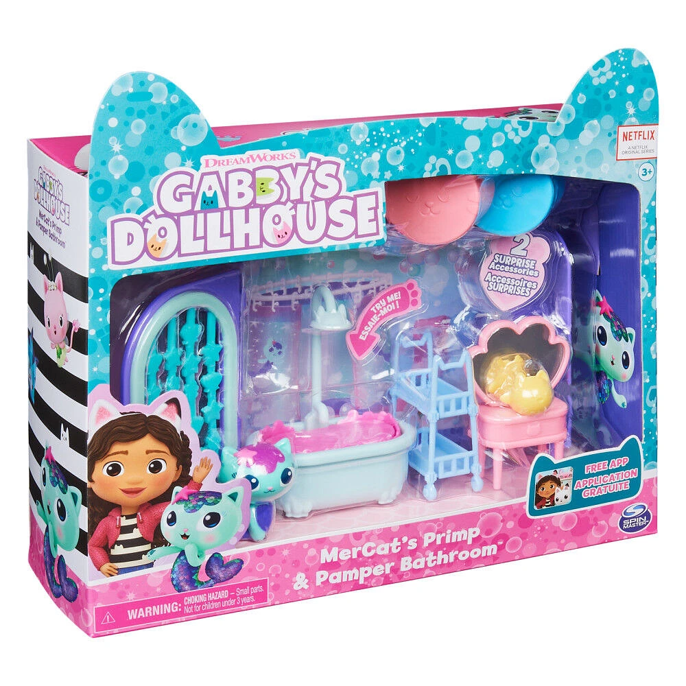 DreamWorks, Gabby's Dollhouse, Primp and Pamper Bathroom avec figurine MerCat, 3 accessoires, 3 meubles et 2 boîtes surprises