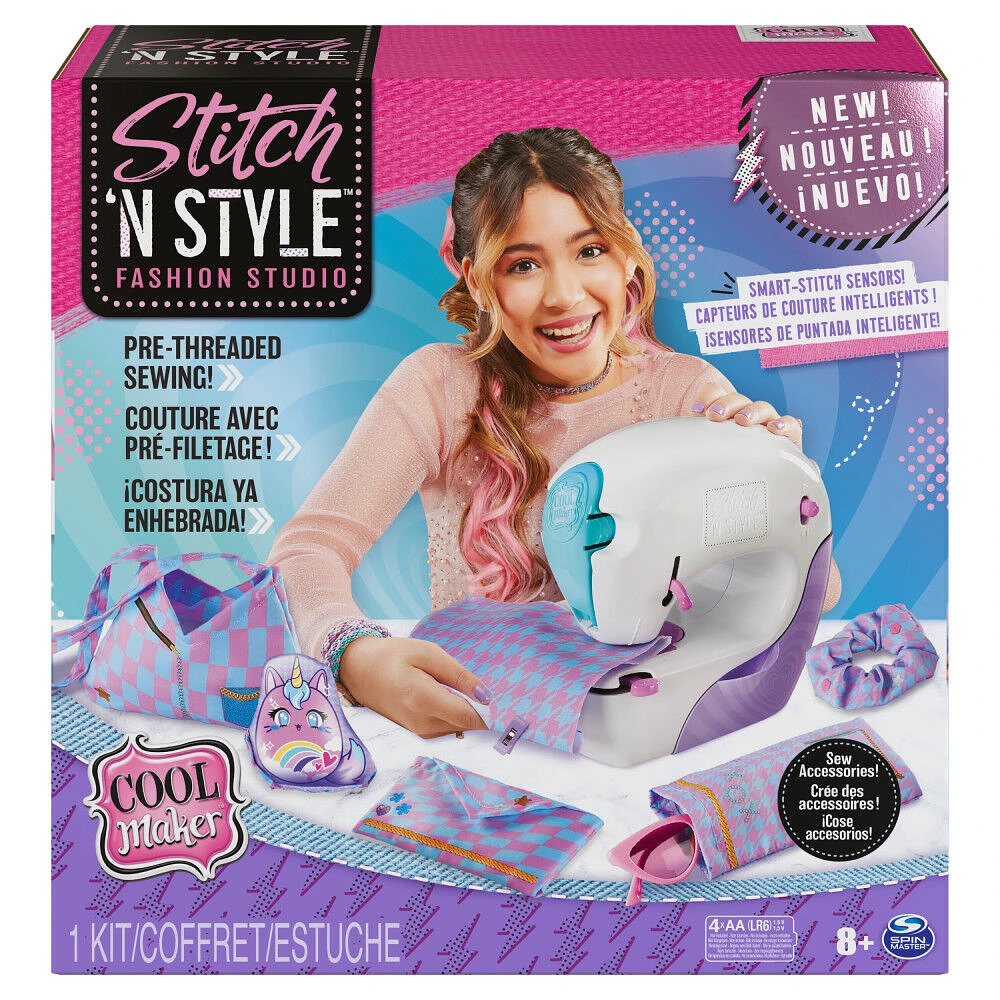 Cool Maker, Stitch 'N Style Fashion Studio, Pre-Threaded Sewing Machine Toy with Fabric and Water Transfer Prints, Arts & Crafts Kids Toys