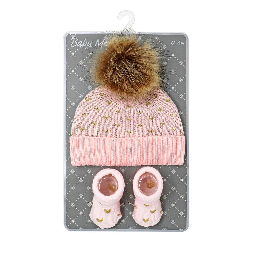 Baby Mode  Blush Tricot Bonnet & Bottillon Ensemble 0-6M