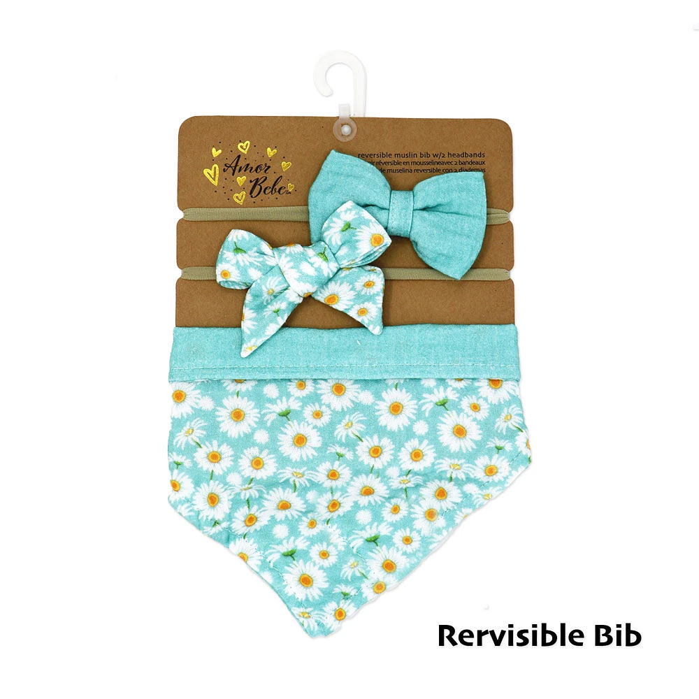 Amor Bebe 3 pc Muslin Reversible Bib with 2 Headbands Set: Aqua Daisy