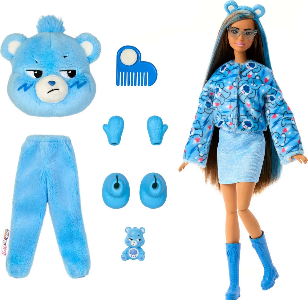 Barbie Cutie Reveal Care Bears Series Doll & Accessories in Grumpy Bear Plush Costume, 10 Surprises