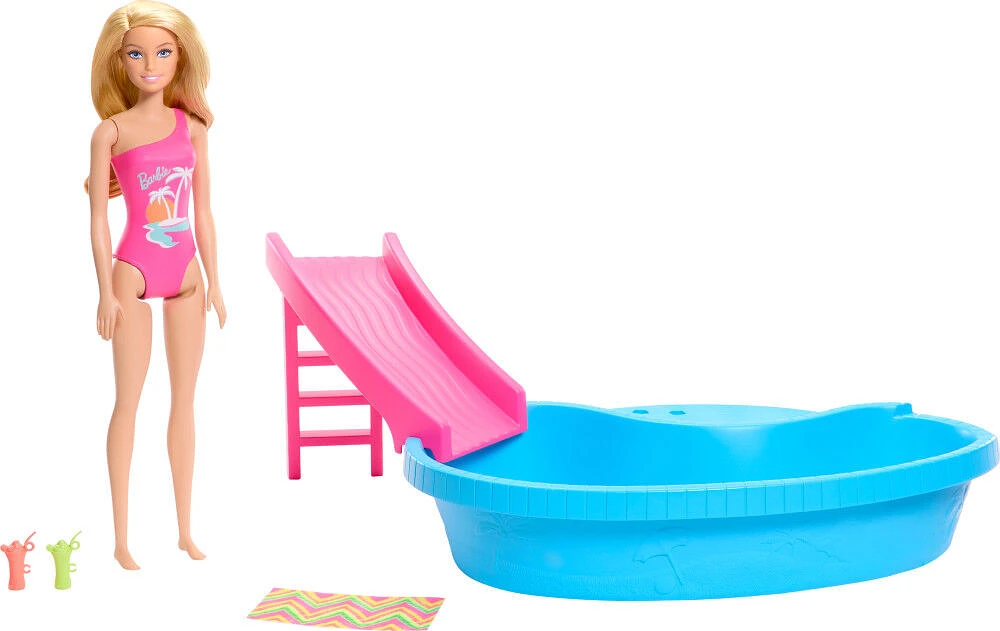 Barbie Coffret de jeu et poupée, blonde, piscine, serviette, boissons