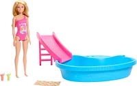 Barbie Coffret de jeu et poupée, blonde, piscine, serviette, boissons