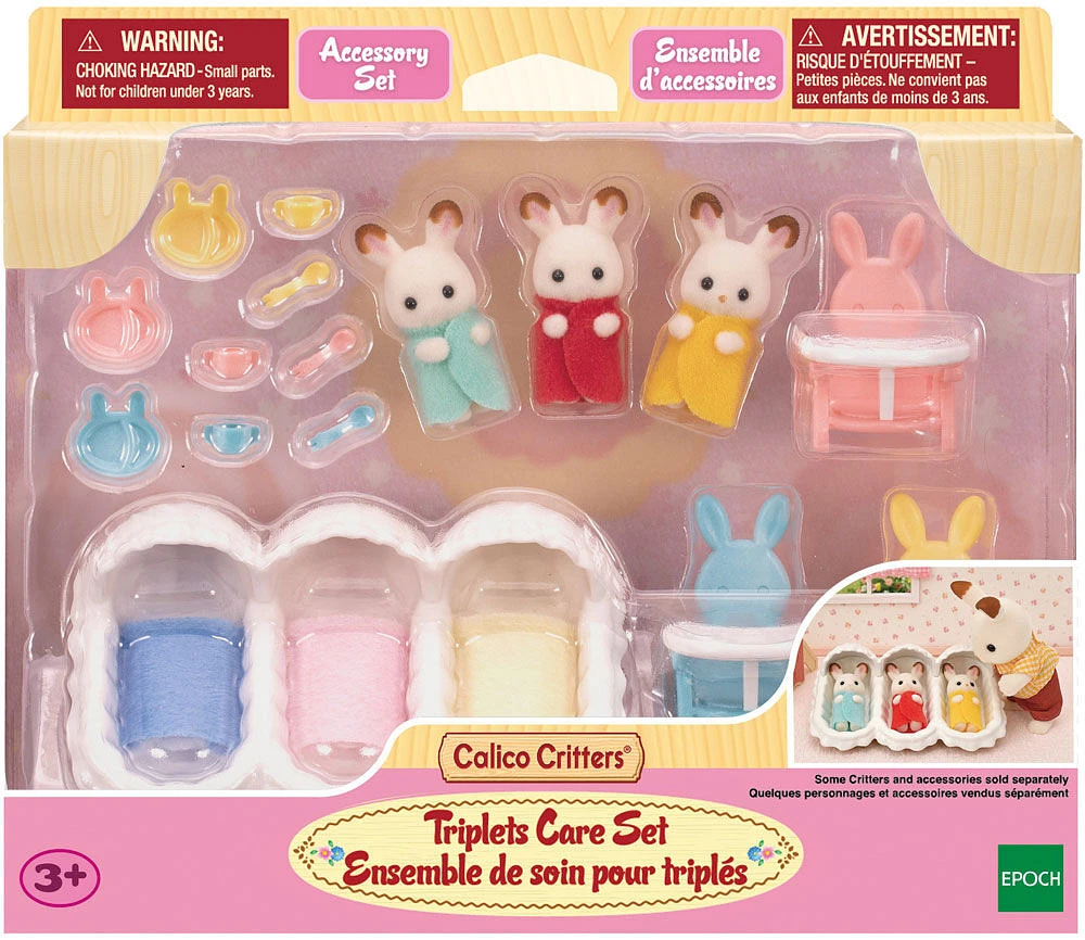 Ensemble de soins pour triplés de Calico Critters, ensemble de jeu pour maison de poupée avec accessoires et 3 figurines