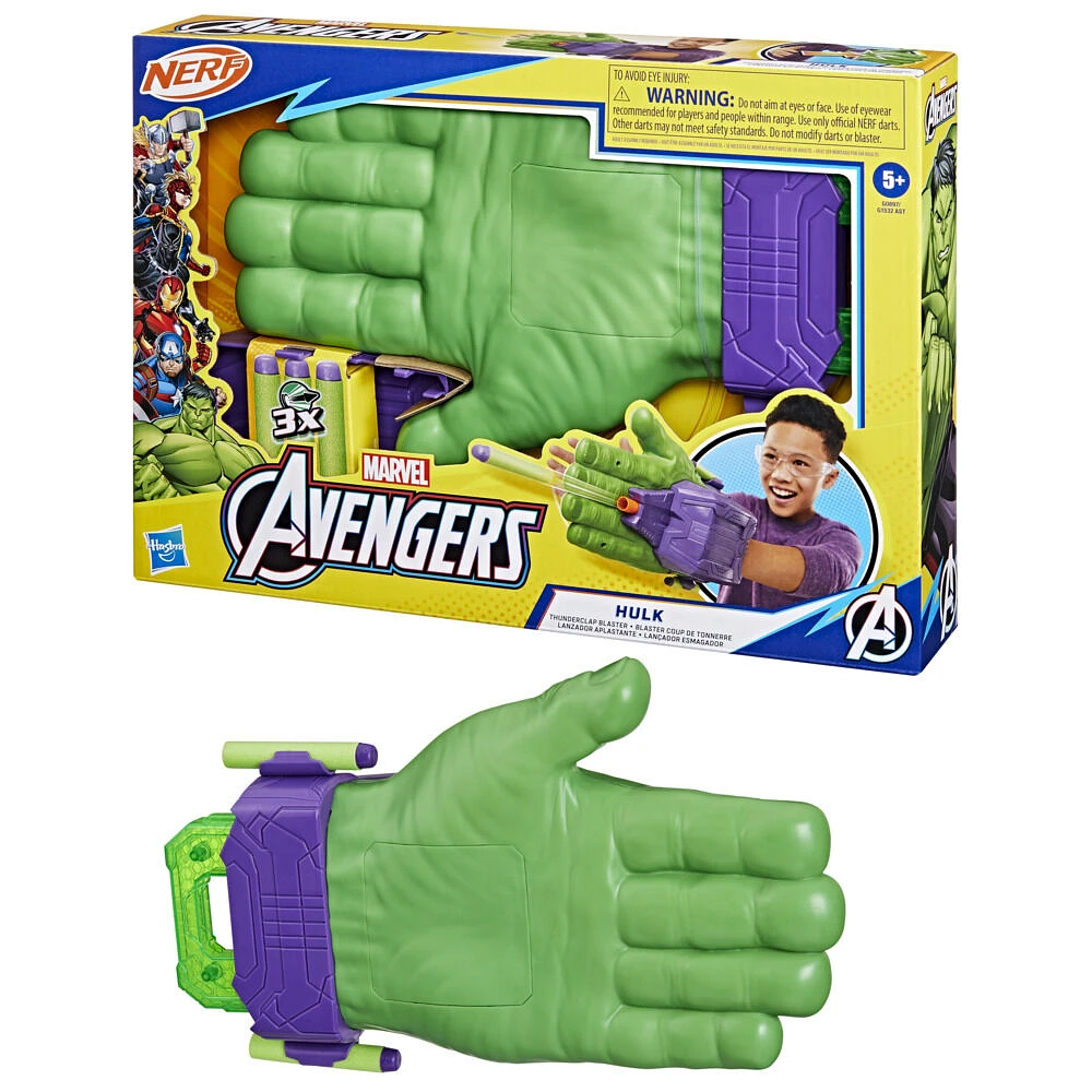 Marvel Avengers Hulk Blaster Coup de tonnerre, blaster de déguisement avec 3 fléchettes NERF