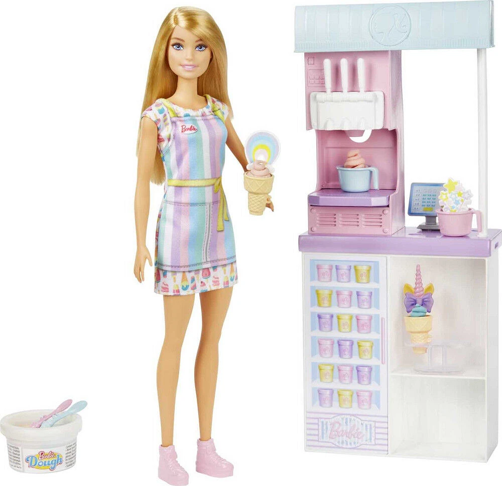 Barbie Ice Cream Shop Playset with 12 in Blonde Doll, Ice Cream Shop, Ice Cream Making Feature and Realistic Play Pieces