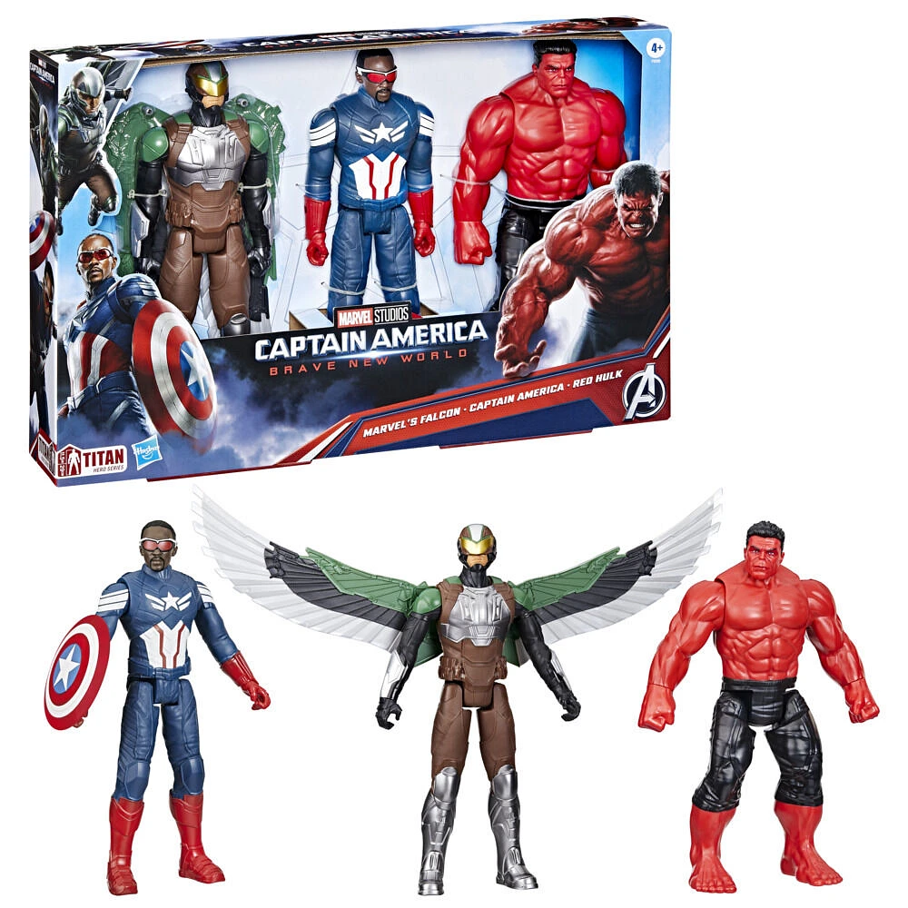 Marvel Avengers Captain America: Brave New World Titan Hero Series, multipack avec 3 figurines et accessoires (30 cm)