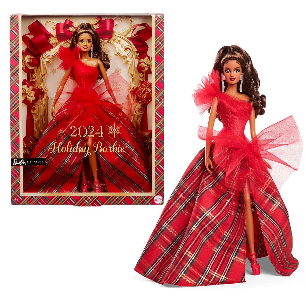 Barbie Poupée Signature Joyeux Noël 2024 Poupée de collection cheveux châtain, robe à carreaux ornée d'un noeud rouge, dans un emballage à exposer