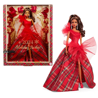 ​Barbie 2024 Holiday Barbie Dolls, Seasonal Collector Gift, Barbie Signature, Plaid Gown with Red Bow, Displayable Packaging, Light Brown Hair