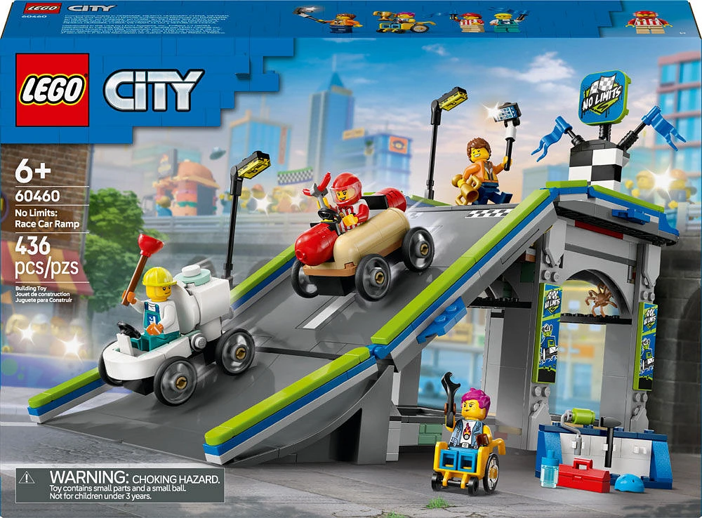 LEGO City Sans limites : Rampe d'accélération pour voitures de course, ensemble de caisses à savon avec figurines de pilotes 60460