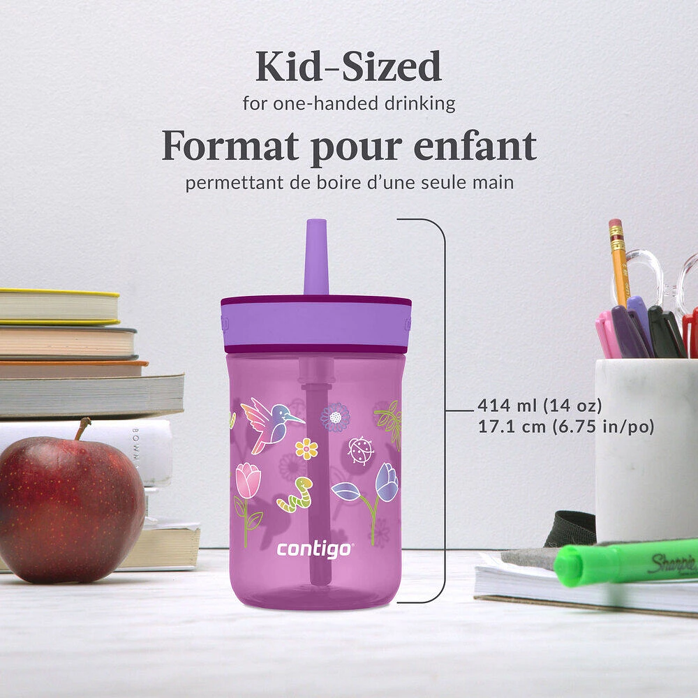 Contigo Kids Leighton Spill-Proof Tumbler with Straw, Grape Tulips, 14 oz