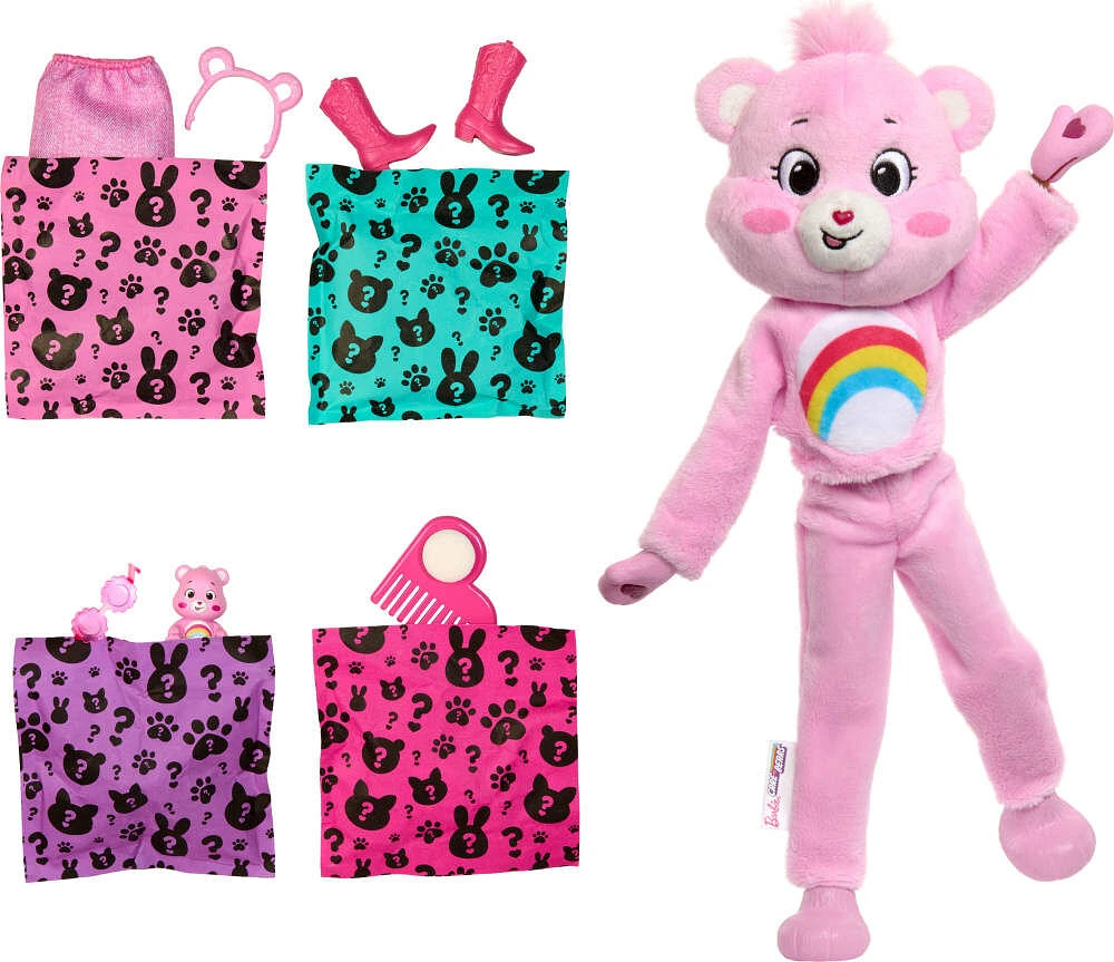 Barbie Cutie Reveal Care Bears Series Doll & Accessories in Cheer Bear Plush Costume, 10 Surprises