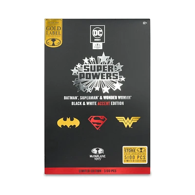 DC Super Powers Batman, Superman & Wonder Woman Black & White Accent Edition Gold Label 3pack