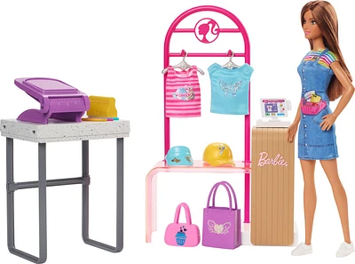 Barbie Make and Sell Boutique Playset with Brunette Doll, Foil Design Tools, Clothes and Accessories