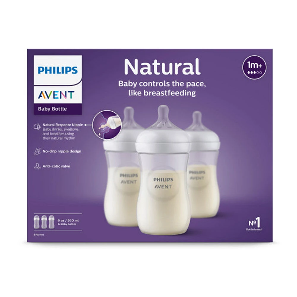 Philips Avent Natural Baby Bottle With Natural Response Nipple, Clear, 9oz, 3 pack, SCY903/03