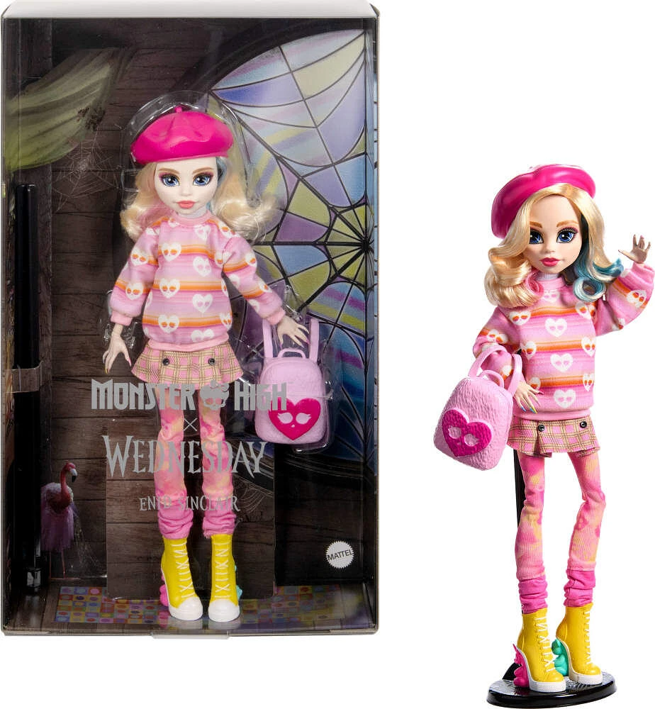 Monster High Enid Sinclair Poupée à collectionner dans une tenue rose avec béret et sac à dos, socle pour poupée