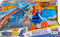 Hot Wheels City-Transporteur T-Rex pour +20 voitures, piste de course