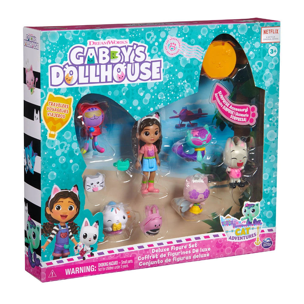 Gabby's Dollhouse, Coffret de figurines édition voyage avec une poupée Gabby, 5 figurines chat, jouets surprise et accessoires pour la maison magique