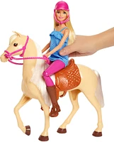 Barbie Doll, Blonde, Wearing Riding Outfit with Helmet, and Light Brown Horse with Soft White Mane and Tail