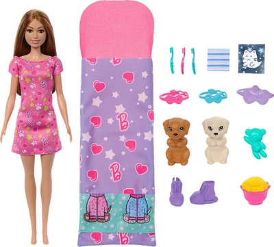 Barbie-Soirée Pyjama Chiots-Coffret poupée, 2chiots, 11accessoires