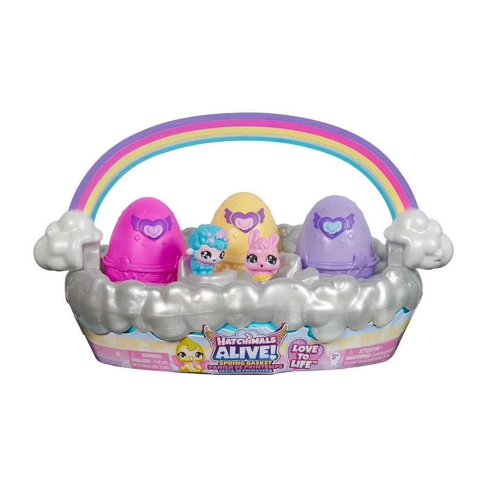 Hatchimals Alive, Panier de printemps avec 6 mini figurines, 3 oeufs qui éclosent tout seuls, cadeau amusant de Pâques