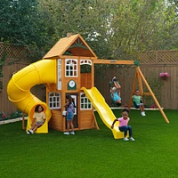 KidKraft - Castlewood Wooden Swing Set / Playset with Clubhouse, Mailbox, Slide and Play Kitchen - R Exclusive