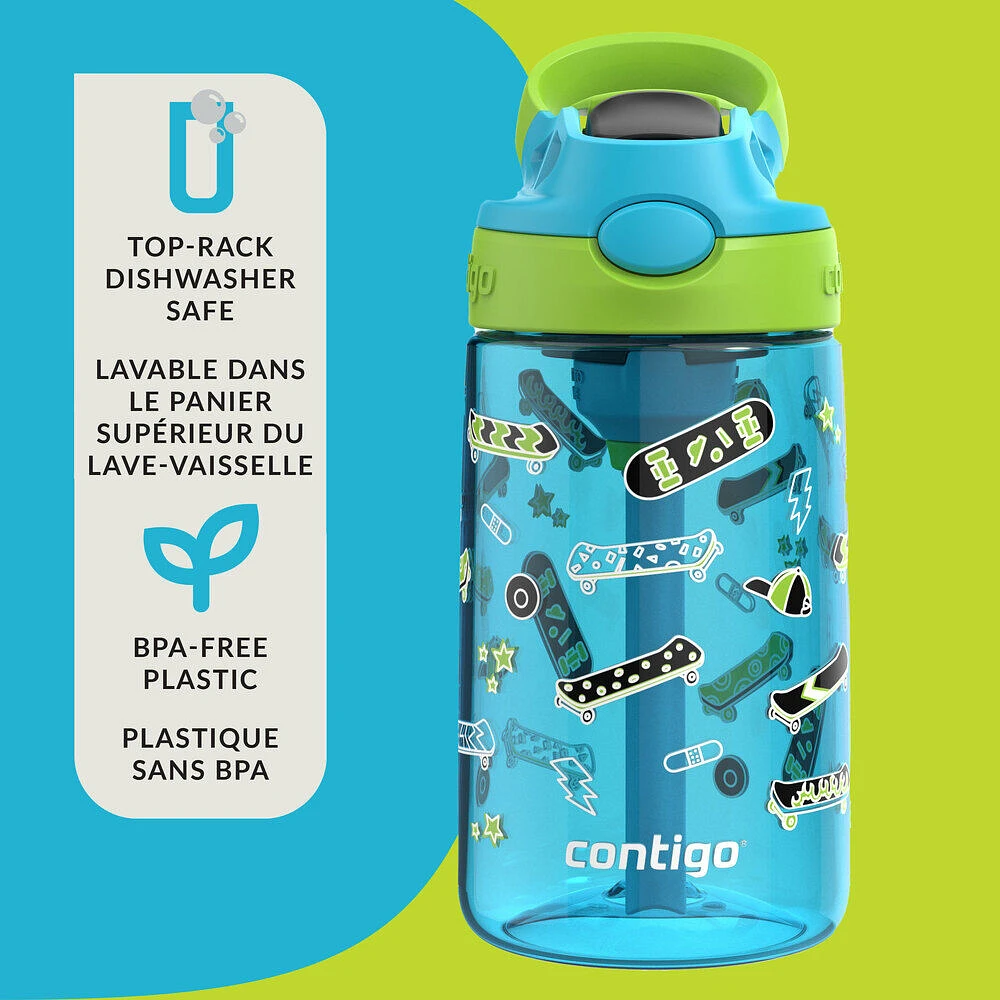 Contigo Aubrey Kids Leak-Proof Spill-Proof Water Bottle, Blue Raspberry Lime Skater, 14 oz